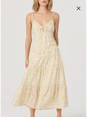 ASTR the Label Tie Strap Tiered Maxi Dress in a yellow floral print.
